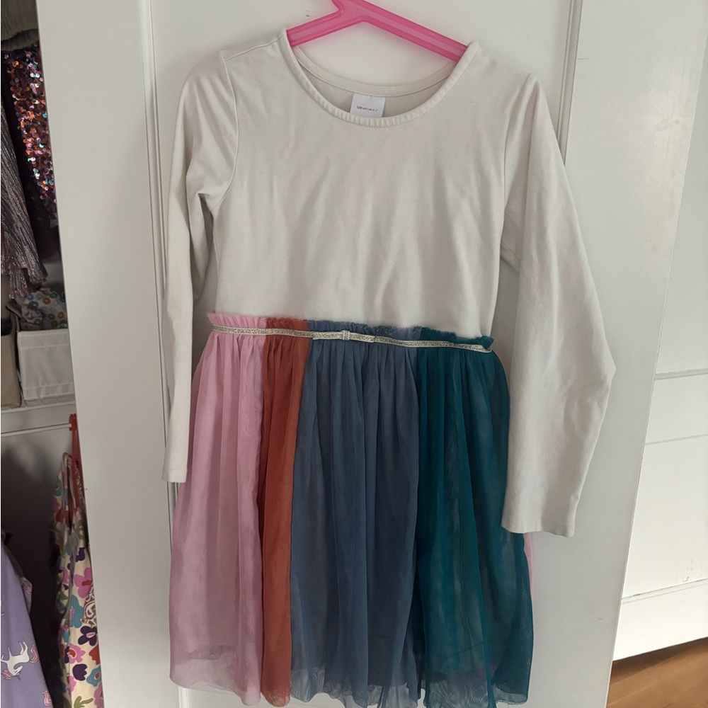Hanna Andersson Ivory Top with Pink, Rust, Slate Blue & Teal Tulle Skirt